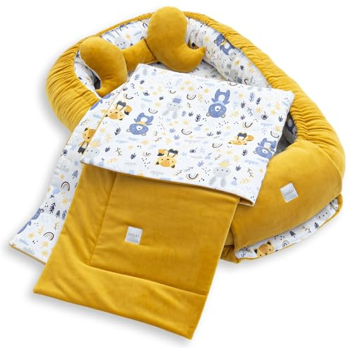 LOOLAY Babynest, Nestchen für Neugeborene – Baby Nestchen 91 × 63 cm mit Decke, Tragbares Nest aus Samtvelours & Baumwolle (GELB Velour/Wald Tiere)