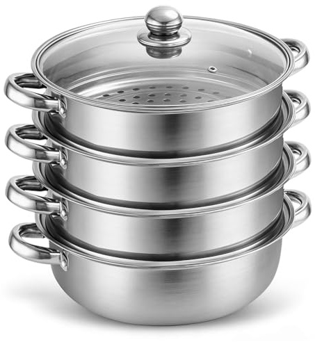 4-Schicht Dampfgarer Topf, 28 cm Edelstahl Dampfkocher mit Dämpfeinsatz und Glasdeckel, Gleichzeitigen Dämpfen, Dampftopf für Induktion und Gasherd zum Gemüse, Fisch, Mantou und Reis