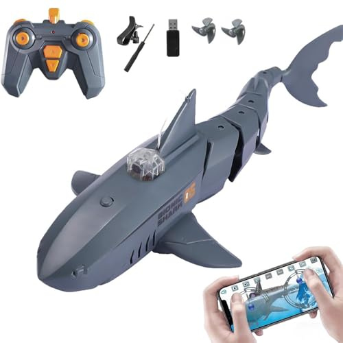 2.4G RC Shark with Camera for Pool, APP Controlled RC Boat with Double Screw, Underwater Remote Control Toys for Adults,Gray