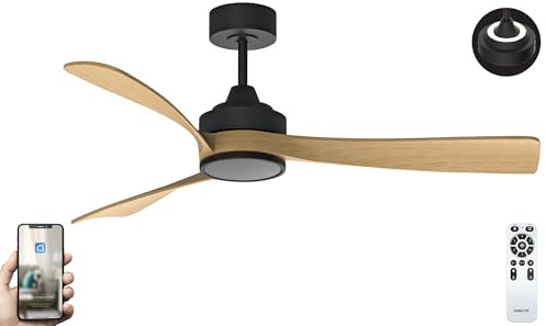 Fanelite - Brasseur d'air 132 cm noir et bois MANIHI - Moteur DC 35W - Double éclairage LED (inférieur et supérieur) - Télécommande - Wifi - Contrôles vocaux - 3 pales - Très silencieux