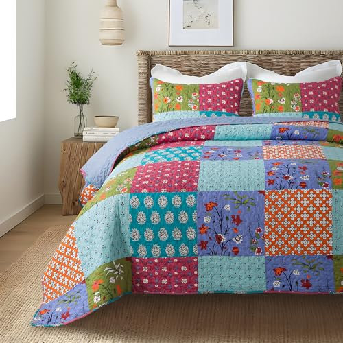 SLPR All is Bright 3-teiliges Bettwäsche-Set für King-Size-Betten mit 2 Kissenbezügen, leichte Gesteppte Sommer-Tagesdecke mit Buntem Patchwork, Bohemian-Vintage-inspirierte Bettwäsche für alle