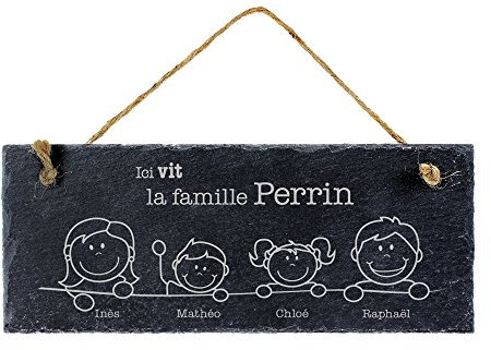 Casa Vivente Plaque de Porte en Ardoise avec Gravure et Fil de Jute, Personnalisée avec Prénoms et Nom de Famille, 25x10 cm