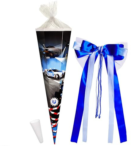 alles-meine.de GmbH Schultüte - Polizei Auto - Fahrzeug & Helikopter - 85 cm - eckig - incl. große 3-D Effekt Schleife - Tüllabschluß - Zuckertüte - mit/ohne Kunststoff S..