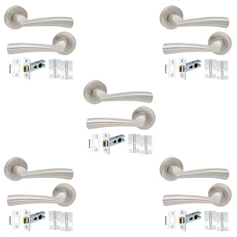 Infinity Decor Loyal Lever on Round Rose Satin Nickel Door Pull Handles Pack of 5 with Tubular Latch and Hinges Set for Interior & Exterior Use