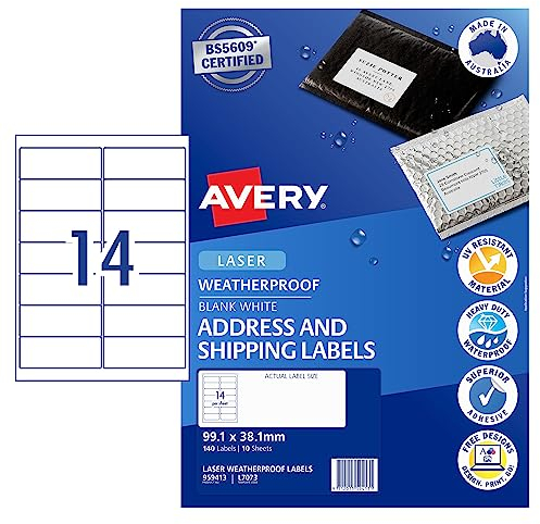 Avery 959413 / L7073 Etiketten für Laserdrucker, wetterfest, A4, bedruckbare Verpackung, Versand- und Adressetiketten, Versandaufkleber, Kleinunternehmensbedarf, 99,1 x 38,1 mm, 140 Etiketten/10 Blatt