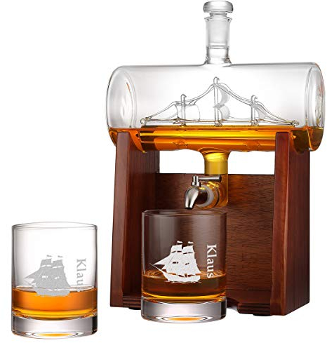 Whisky-Set mit 2 Whiskygläser 320ml, Segelschiff aus Glas, Whisky-Karaffe 1000ml Bleifreie Dekanter mit Holzständer und Edelstahlhahn, für Whisky Brandy Rum Scotch Cognac, Geschenkidee für Männer