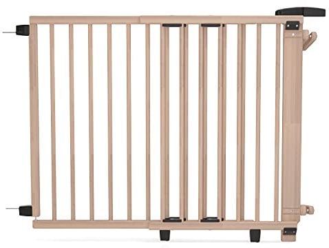 Geuther Treppenschutzgitter Oris | Türschutzgitter zum Anschrauben inkl. 2X Klemmen für Treppengeländer, Breite 95-135 cm | Stabiles Türgitter mit Schwenktür | Kindergitter Holz, Naturbelassen