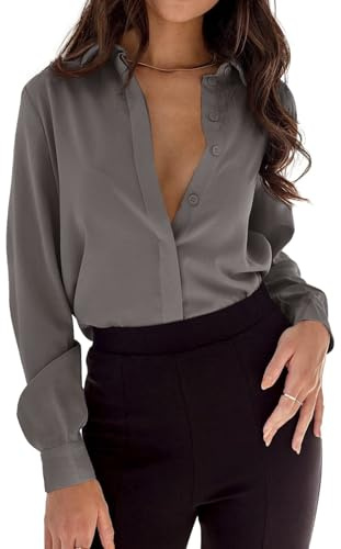 Pretifeel Womens Button Down Shirt Long Sleeve Business Blouse Collared Office Chiffon Dress Shirts Gray