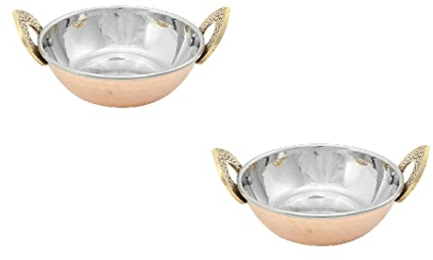 Vision4ever 2 Pcs Copper Stainless Steel balti Dish karahi Serving Handles Indian Curry Useful for Home ( 13cm )
