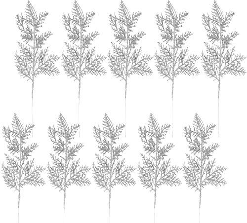 KOSHIFU 10 PCS Kunstpflanze Kunstzweig Weihnachtsdeko Pflanzen Weihnachten Künstliche Zweige mit Glitzer Blätter für Weihnachtsbaum Ornamente Garten Party Tisch Deko 26cm Silber