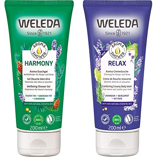 WELEDA Bio Aroma Shower Harmony – Besonderes Naturkosmetik Duschgel mit wohltuendem Duft (1 x 200ml) & Bio Aroma Shower Relax – mit beruhigendem Duft (1 x 200ml)
