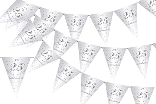 Silberhochzeit Deko Banner, 25 Jahre Silberhochzeit Wimpelkette Girlande Banner zur 25 Jahre Silberhochzeit Dekoration Hochzeitstag Deko Drinnen Draußen