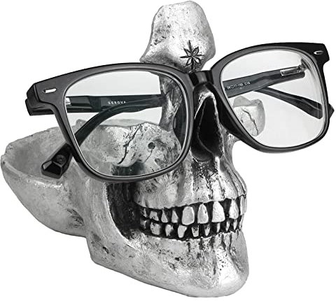 Mrlikale Totenkopf-Brillenständer, kreativer Brillenständer, Sonnenbrillen-Brillenhalter, Schlüsselhalter, Harz-Skulpturen für Eingang, Zuhause, Büro, Schreibtisch, Nachttisch (Silber)