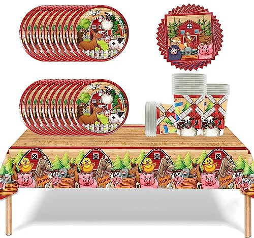 61pcs Vaisselle de fête d'anniversaire de la ferme,animaux ensemble, ensemble comprenant nappe assiettes gobelets serviettes pour babyparty,mariages,anniversaire(20 invités)
