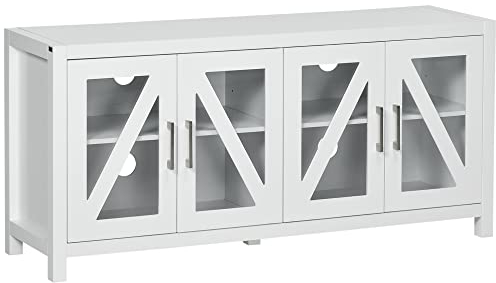 HOMCOM Mueble TV de Salón Mesa para Televisores de hasta 58 con 4 Puertas de Vidrio Templado Estantes Ajustables y 4 Orificios para Cables para Dormitorio 130x35x60 cm Blanco