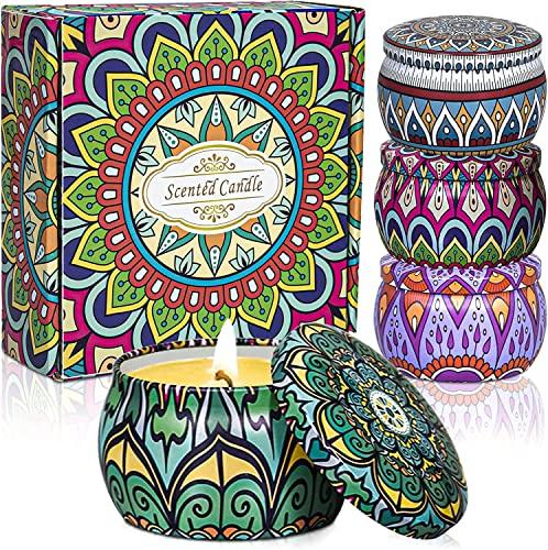 Scented Candles Aromatherapy Gift Set: 4 Pack Gardenia,Jasmine,Lavender Osmanthus Large Size Natural Soy Wax Candle 4.4 Oz Travel Tin Fragrance Relaxing Stress Relief Aroma Home Best Gift for Women