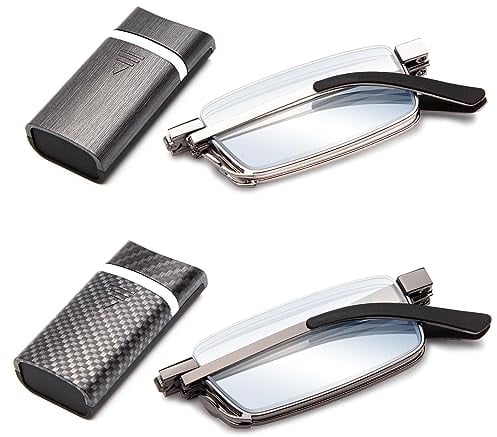 Amorays 2 Paar Faltbare metal Lesebrille Mini Tragbare Lesebrillen with Hartschalen-Etui Anti-Blaulicht für Damen und Herren 1166(Dunkelgrau+Hellgrau,+1.50