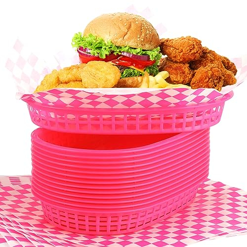 Uiifan 24 Pcs Fast Food Baskets with 100 Deli Liners Deli Food Baskets 10.5 x 7 Inch Serving Burger Chip Trays for Hot Dog Hamburger Bread Picnic(Hot Pink)