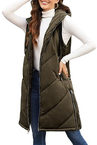 UMIPUBO Gilet Donna Lungo Giacca con Cappuccio Invernali Caldo Cappotto Senza Maniche Spesso Gilet Giubbotto con Cerniera Termica Imbottito Giacche Lunga Cappotti con Tasche (Oliva, S)