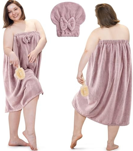 Xtinmee 2 Sets Plus Size Women's Bath Wrap With Hair Towel - Shower Dress Spa Wraps for Women's Bathrobe (Lotus Pink)