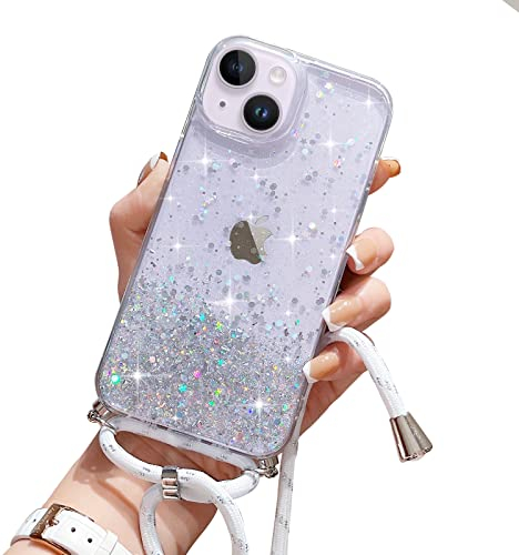 Wirvyuer Coque avec Cordon pour iPhone 15 Coque Collier Paillette Téléphone Étui avec Cordon Réglable Coque Transparent Silicone Case Housse avec Corde pouriPhone 15 Transparent