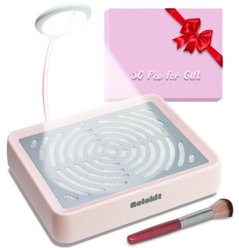 Rolokit Nail Dust Collector with Lamp & 50pcs Disposable Filter & Dusting Brush, Electric Nail Vacuum Cleaner Dust Fan Suction Machine for Manicure Acrylic Gel Nails Polishing, Low Noise, Salon Home