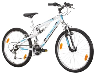 Multibrand Distribution Probike Speed Mountainbike, 24 Zoll, vollgefedert, 18 Gänge, für Jungen, Mädchenfahrrad, geeignet von 130 – 155 cm (weiß, blau, matt)