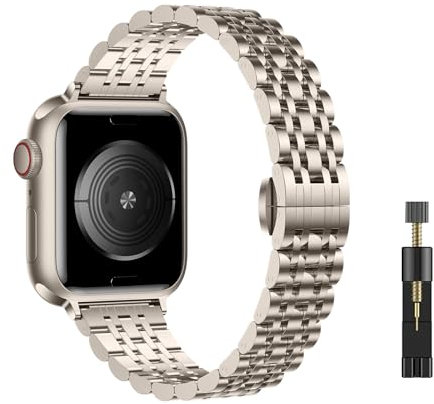 WoPail Correa Mujer Compatible con Apple Watch 41mm 40mm 38mm Serie 10 42mm/9/8/7/6/5/4/3/2/1, Pulseras de Repuesto Metal de Acero Inoxidable para iWatch SE/SE 2 - Starlight