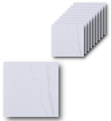 HOOZ Lot de 10 autocollants pour carrelage marbré blanc – 30 x 30 cm – Carreaux adhésifs pour mur arrière de cuisine – Panneaux muraux de cuisine, chambre à coucher, salon, salle de bain