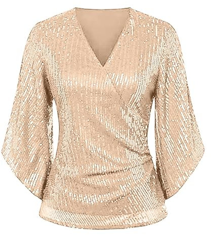 Top da donna con paillette, camicetta da festa, elegante, per sera, matrimonio, scollo a V, camicia a maniche a 3/4, moderna, estiva, tunica, maglietta per feste, abbigliamento vintage, oro rosa., XL