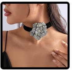 Danshinbow Layered Rose Choker Collane Braccialetto Nero Intrecciato Cord Strass Fiori Pendente Flocking Tessuto Collana Catena Gioielli per le Donne e le Ragazze (Nero-collana2)