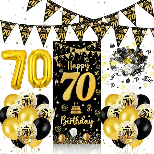 70 Geburtstag Deko Mann Frau, 70 Geburtstag Banner Schwarz Gold, Luftballons 70 Geburtstag Wimpel Girlande, Konfetti 70 Geburtstag, Tür Deko 70. Geburtstag Hintergrund für Männer Frauen Party Deko