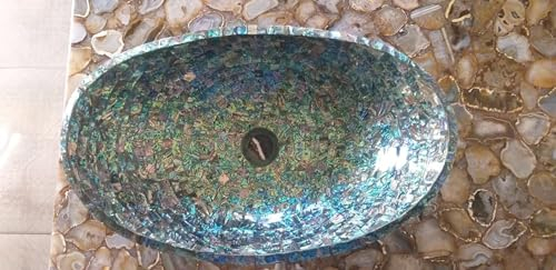 Indian Cottage Art and Crafts Waschbecken aus weißem Marmor, 50,8 x 40,6 cm, Abalone-Muschel, zufällige Arbeit