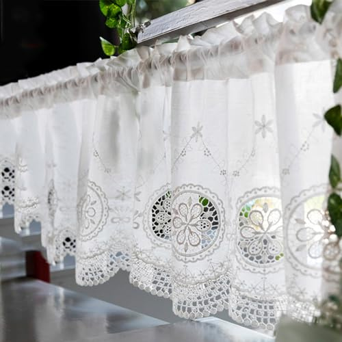 Ricemru Landhaus Scheibengardine Bistrogardine Kurz Weiß Halbtransparent Mandala Blumen Muster Kurzgardine Kurzvorhang Kurzstores Gardinen Baumwolle Französischer Shabby Chic Küche 150x40