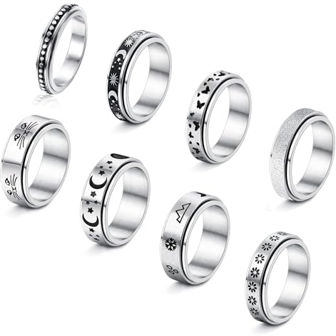 JeweBella 8 Stück Ring Set für Damen Herren Hypoallergen Edelstahl Ring Blume Moon Star Ringe Band Ringe für Frauen Männer Größe 52-65