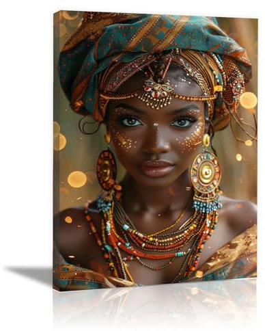 WQBQKKX Tableau Peinture Africaine Portrait De Femme Impression Sur Toile IntisséE,Or, orange Peinture Pour Art DéCo Murale Salle De Bain Cadeau Anniversaire-30x45cm Encadrée