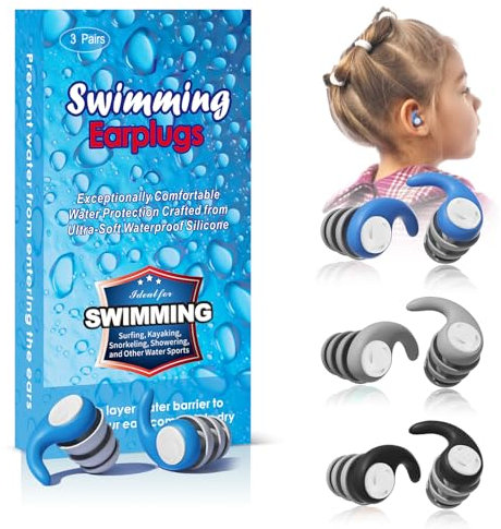 3 Paires Bouchon Oreille Piscine pour Enfant (5-12 ans) Bouchon d'oreille Piscine de Natation en Silicone Réutilisables et Imperméables pour le Surf, Douche, Plongée la Piscine et la Douche