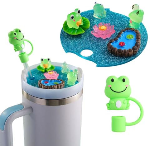 HFSAZJ Name Plate for Stanley Cup Lid Accessories, Cute Animal Pond Luminous with Silicone Straw Cover Cap for Stanley Tumblers 40oz, for Stanley Cup Lid Accessories (frog)