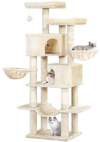 Kratzbaum für Große Katzen 180 cm hoch, Katzenbaum mit 2 Höhlen, 3 Liegemulden, 2 Aussichtsplattformen, Sisal Seil Kratzsäulen, viele Plüschbälle (beige)