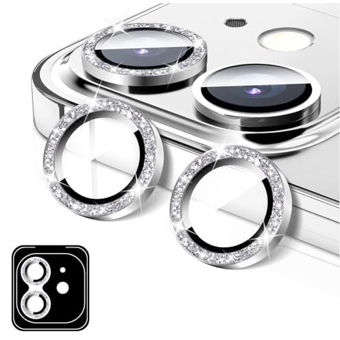 LucBuy Protezione per Obiettivo Della Fotocamera per iPhone 12/iPhone 12 Mini, Copertura per Fotocamera in Vetro Temperato Glitterato, Anelli Metallici Individuali con Allineamento Automatico