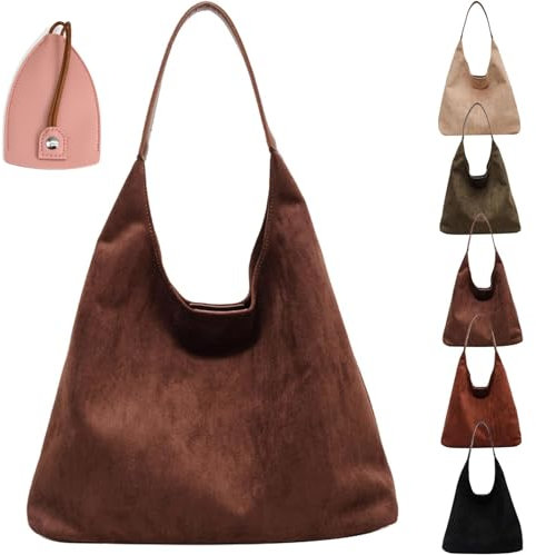 Vgpbphj Wildleder Geldbörse Slouchy Tote Bag Braun Leder Geldbörse Wildleder Hobo Schultertasche Leder Hobo Taschen für Damen, A-Kaffee, 14inch standard