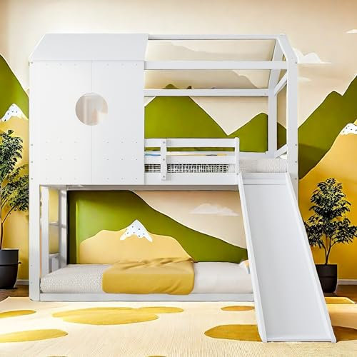 RTYUSWL Etagenbett mit Rutsche, Doppelstockbett mit Stauraum, Treppe und Ausziehbett, Holz, Kinder-Etagenbett mit Dach und Fenster-Design für Mädchen, Jungen