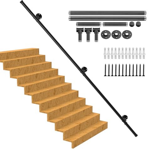 Handlauf Treppe, Rutschfester Treppengeländer Innen und Außen, Geländer Treppe Rohrförmiges Handfußgeländer,Wandhandlauf mit Zubehör Handlauf Schwarz Komplettset 2.5M