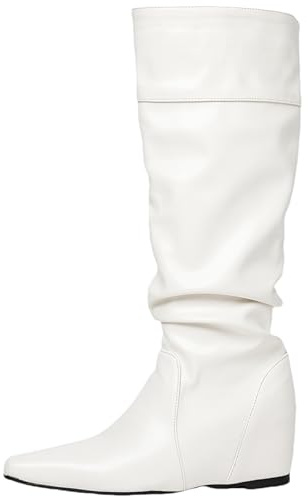 CUTEHEELS Stivali Slouch alti al ginocchio con zeppa e chiusura slip-on da donna, bianco, 40 EU
