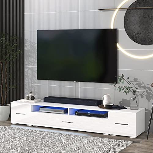Modern TV Stand with Drawers 16-Colored LED Light Entertainment Center Media Console Cabinet with Storage Shelves Wood TV Console Table for TV Up To 90 Inch TV, White