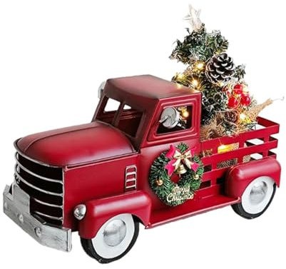 Perfeclan Roter LKW mit Weihnachtsbaum, LKW mit Baum, Desktop-Ornament aus Metall, Vintage-Auto für Bauernhaus, Schrank, Wohnzimmer