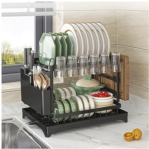 Escurridor de platos de 2 niveles con gran capacidad y diseño a prueba de óxido, organizador de escurridor de platos desmontable para encimera de cocina con soporte para utensilios y drenaje