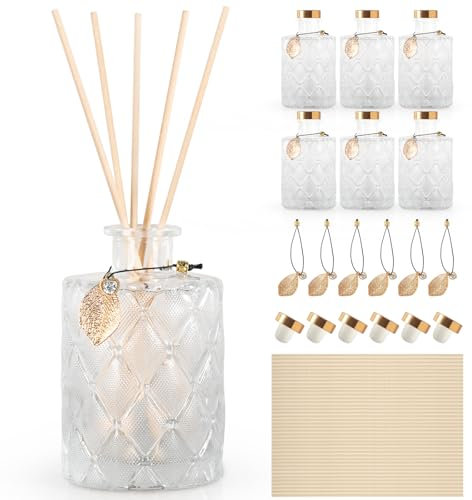 GYOSUGANG Glass Reed Diffuser Bottles for Decorative, Vintage Embossed Apothecary Style Flower Bud Vases with Cork Lids, Set of 6