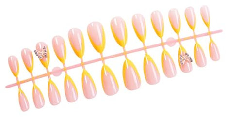 24 Pcs Almond Shape Acrylic Nails Butterfly Full Covers Stick On Nails Yellow French Tip Press On Nails False Nails