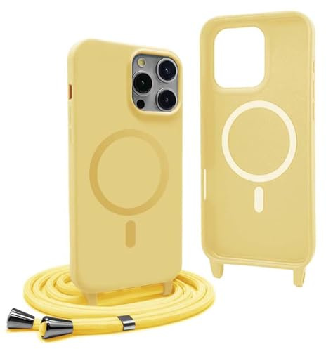 YFSYLL Handykette Hülle für iPhone 15 Pro mit Band,Magnetische Silikon Handyhülle Kompatibel mit MagSafe,Handyhülle für zum Umhängen Einstellbar und Abnehmbar - Gelb